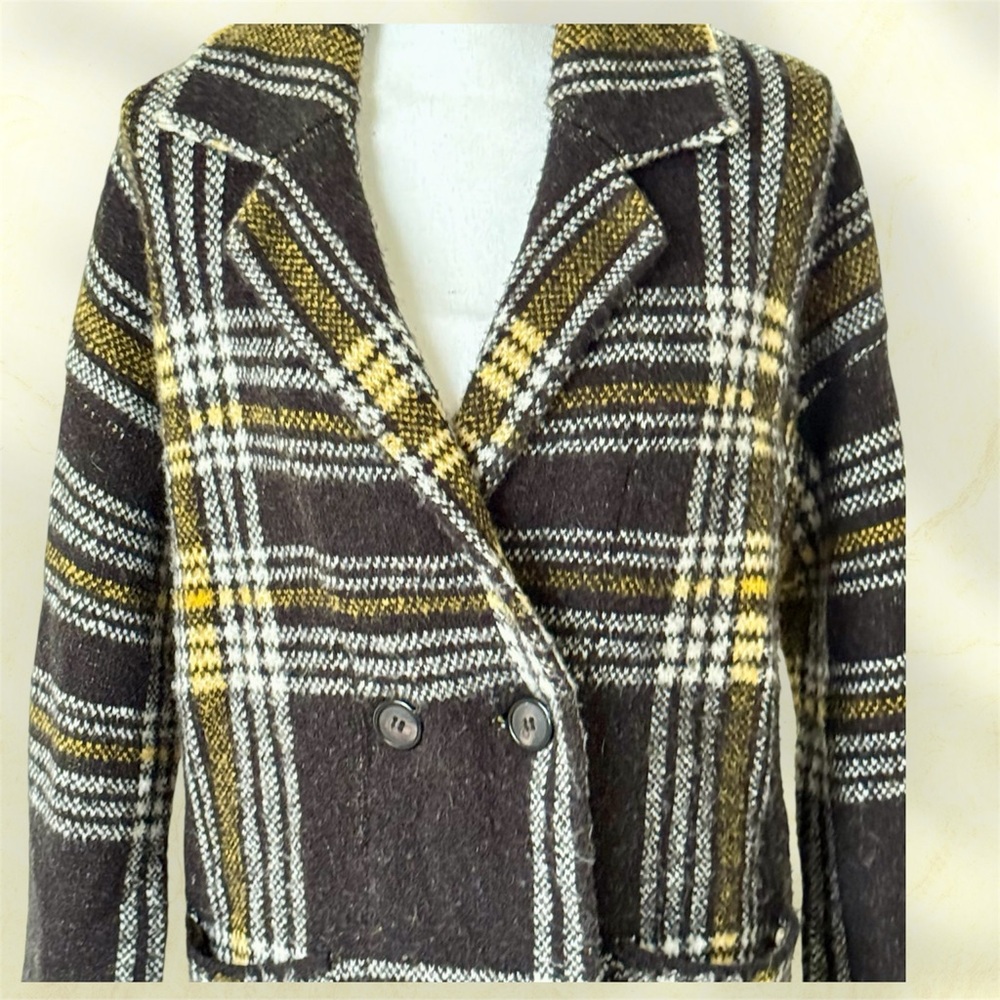 EUC! COCO & CARMEN  BLACK AND GOLD PLAID DOUBLE BREAST PEA COAT - Picture 2 of 7